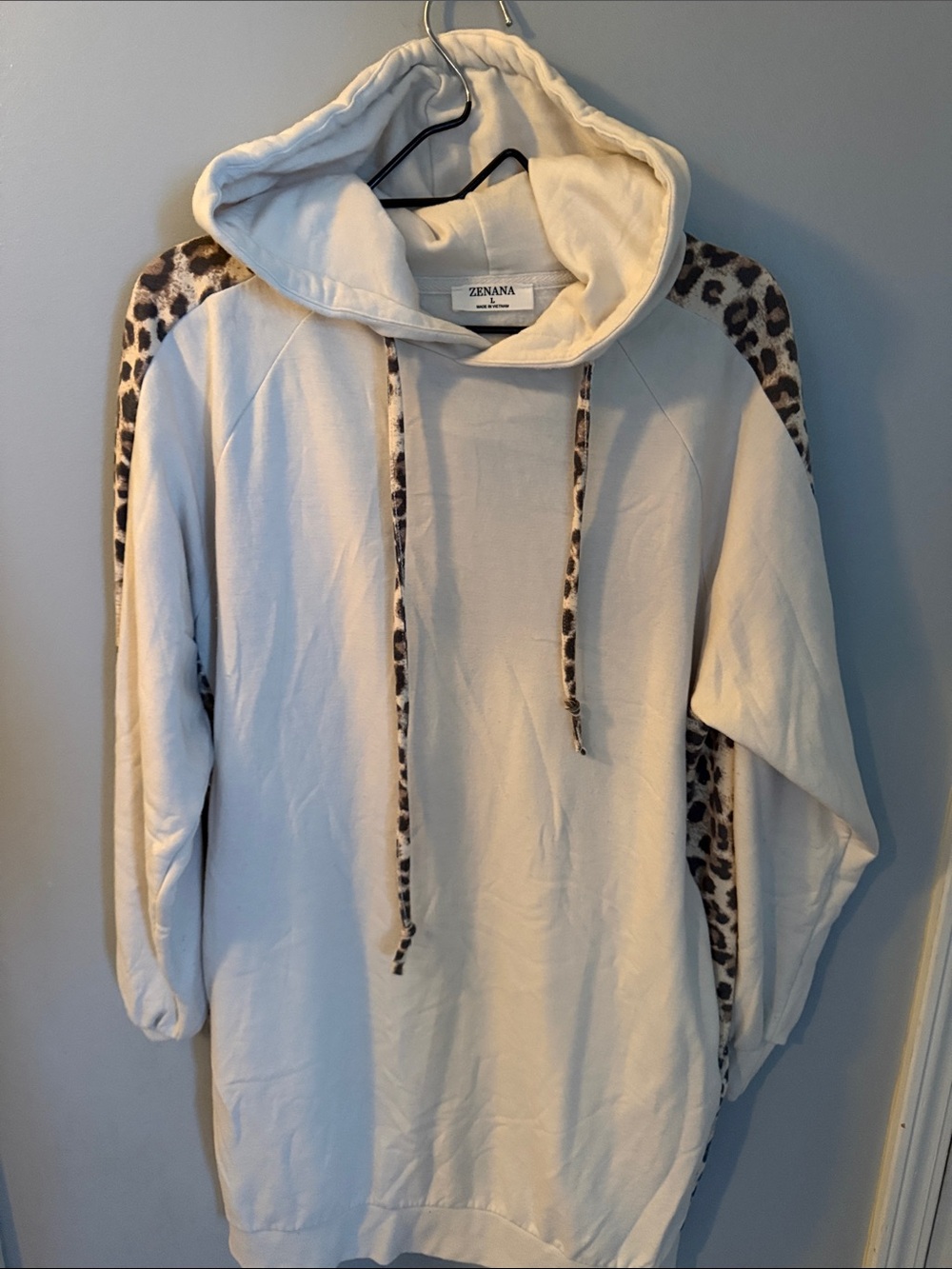 Zenana Outfitters Cream Hoodie Sweatshirt Dress with Leopard Trim